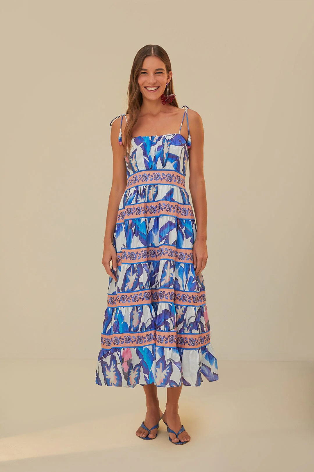 Off-White Blue Foliage Midi Dress | FarmRio (US)