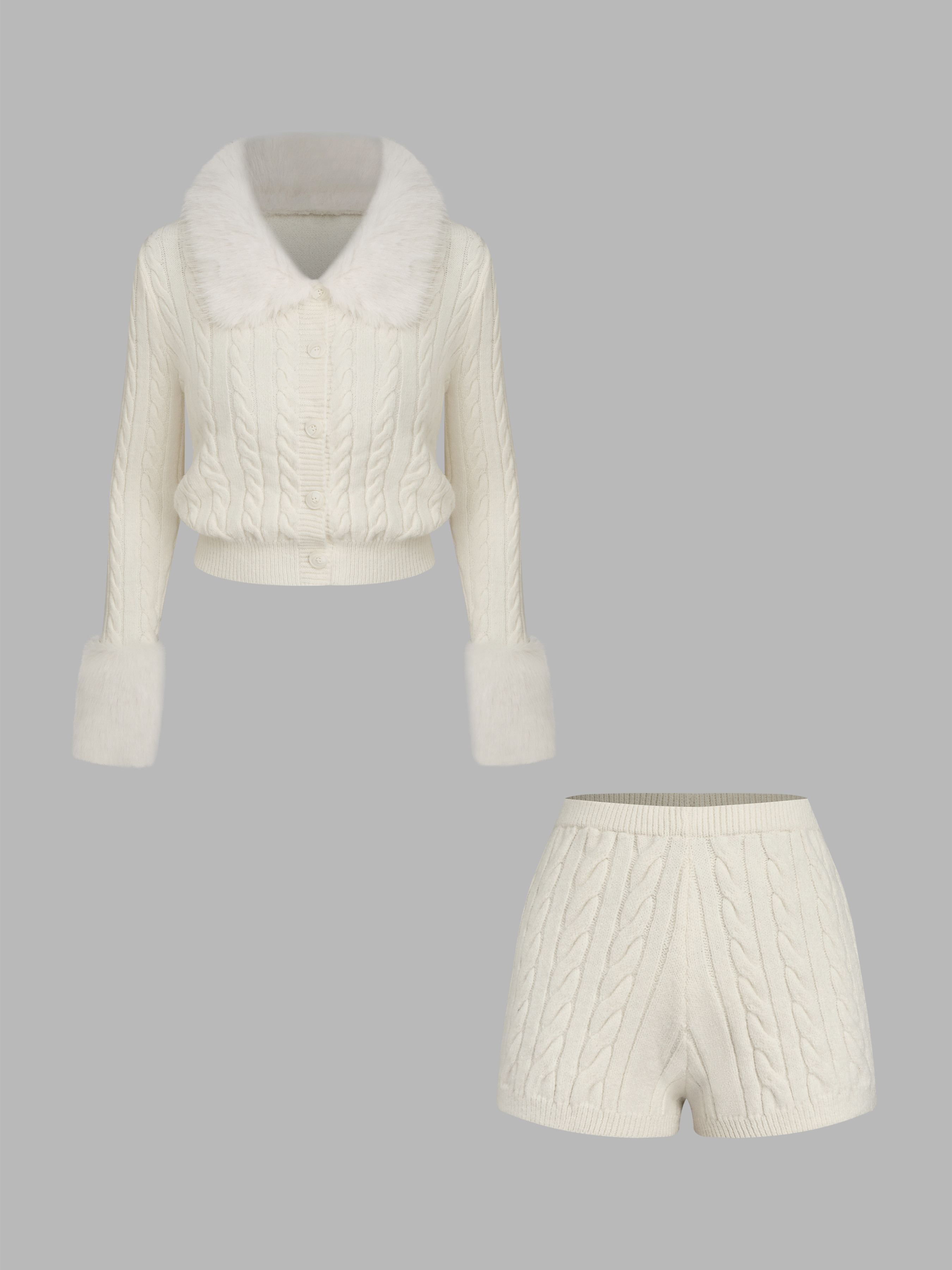 Knit Fabric Cable Knit V-neck Cardigan With Faux Fur Collar & Mid Rise Shorts Set For Daily Casua... | Cider