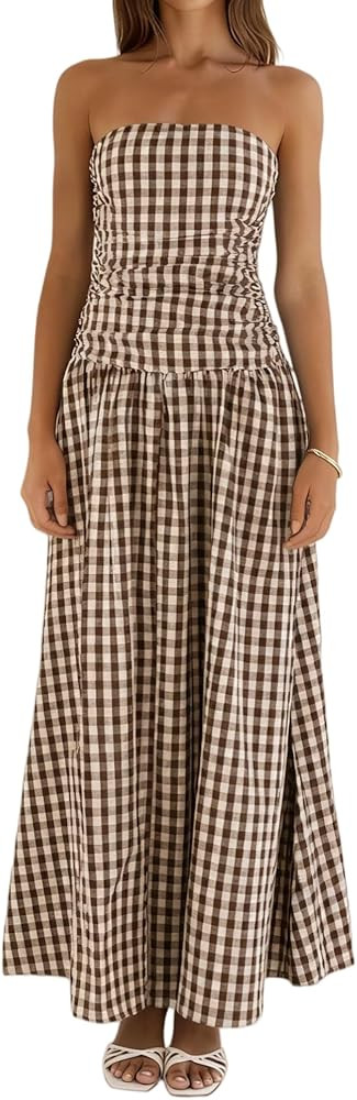 NUFIWI Women Ruched Tube Long Dress Sleeveless Bodice Top Maxi Dress Elegant Strapless A Line Sum... | Amazon (US)