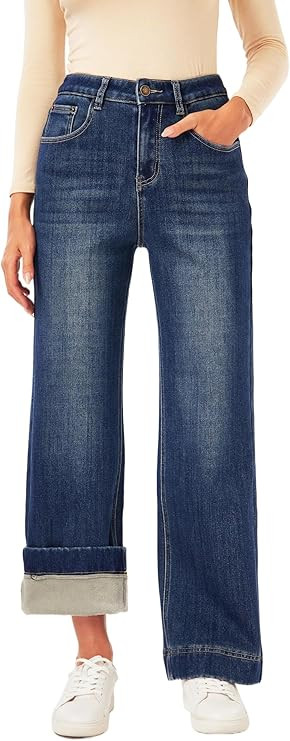 heipeiwa Women's Fleece Lined Jeans Wide Leg Baggy Winter Jeans Thermal Flannel Lined Jean Denim ... | Amazon (US)