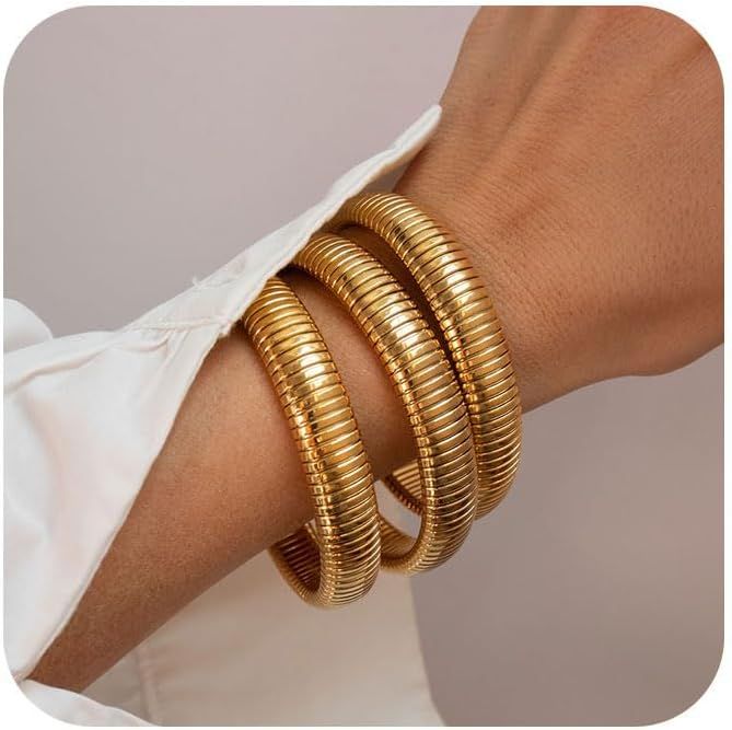 Gold Bangles for Women Set of 3 Gold Chunky Stretch Bangles Bracelets 24K Gold Plated Stainless S... | Amazon (US)