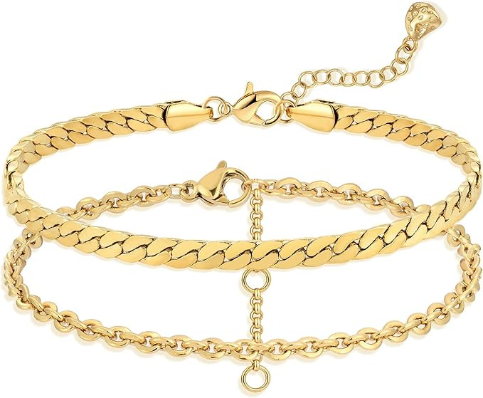 LADYGD Gold Bracelets for Women 18K Gold Plated Dainty Layered Herringbone/Cuban/Figaro/Snake Cha... | Amazon (US)