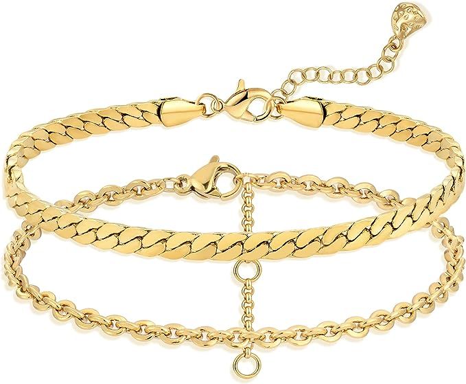 LADYGD Gold Bracelets for Women 18K Gold Plated Dainty Layered Herringbone/Cuban/Figaro/Snake Cha... | Amazon (US)