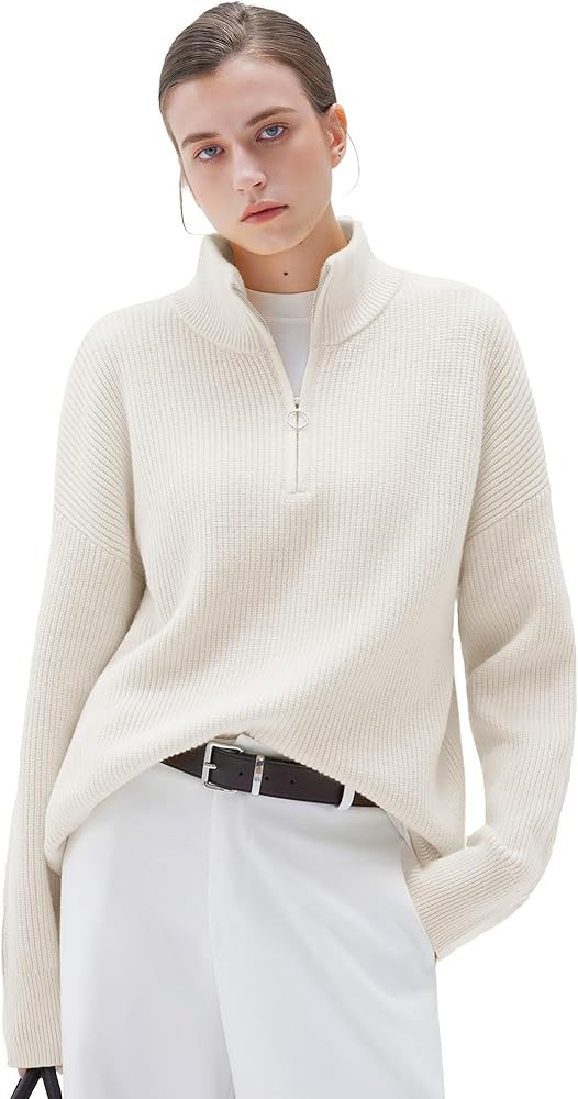 SUUKSESS Women Cashmere Oversized Quarter Zip Pullover Sweater Long Sleeve Collared Ribbed Knit J... | Amazon (US)