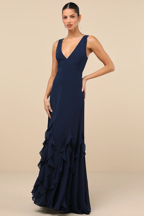 Alorna Dark Navy Sleeveless Ruffled Maxi Dress | Lulus