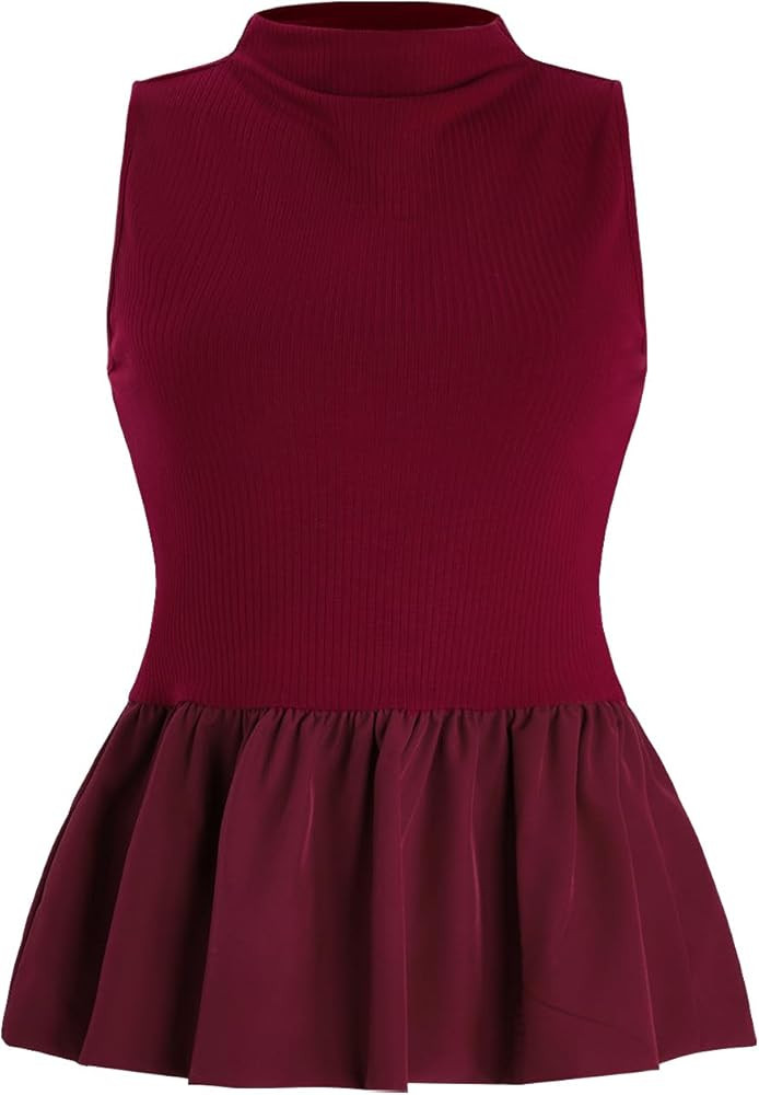 OYOANGLE Women's Mock Neck Babydoll Tank Top Sleeveless Rib Knit Ruffle Peplum Tops | Amazon (US)