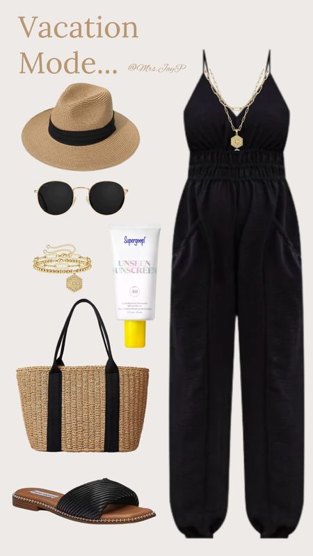 Spring break outfit inspo. Summer outfit inspiration. Black jumpsuit. Straw hat. Straw purse. Unseen sunscreen. Gold platted jewelry. Sandals. 

#LTKtravel #LTKSeasonal #LTKstyletip