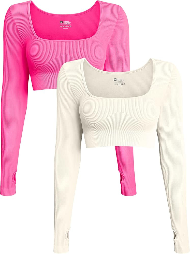 OQQ Women's 2 Piece Crop Top Ribbed Seamless Workout Exercise Long Sleeve Crop Tops | Amazon (US)