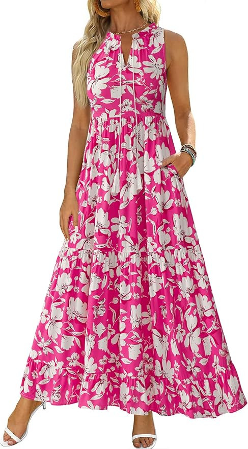 BTFBM Womens Summer Maxi Dresses 2025 Casual Sleeveless V Neck Loose Fit Floral Boho Dress Beach ... | Amazon (US)