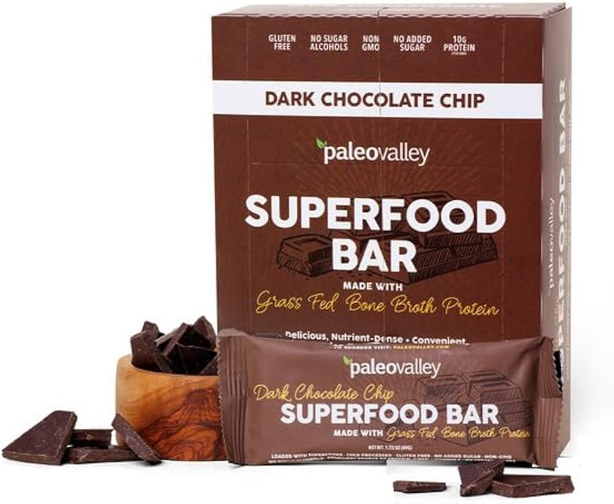 Paleovalley Superfood Bars – Dark Chocolate Chip– 10 Pack – 9g Protein per Bar – Gluten-F... | Amazon (US)