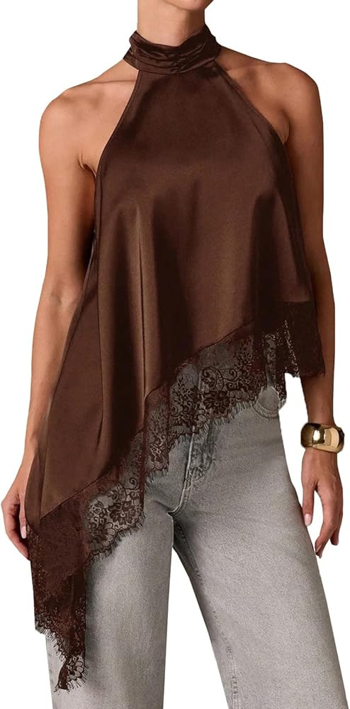 Women's Y2k Halter Mock Neck Sleeveless Top Sexy Asymmetrical Satin Lace Trim Tank Top Backless G... | Amazon (UK)
