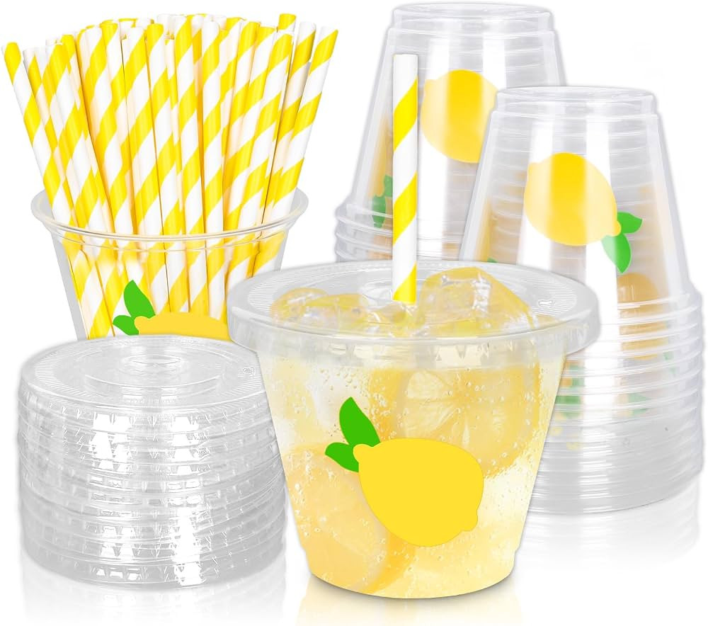 Whaline 100Pcs Lemon Disposable Plastic Cups with Lids and Straws 9Oz Party Cups Yellow Lemon Col... | Amazon (US)