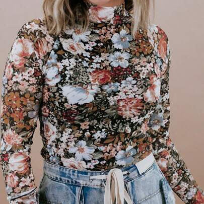 Brown Floral Long Sleeve High Neck Sheath Mesh Blouse | SHEIN