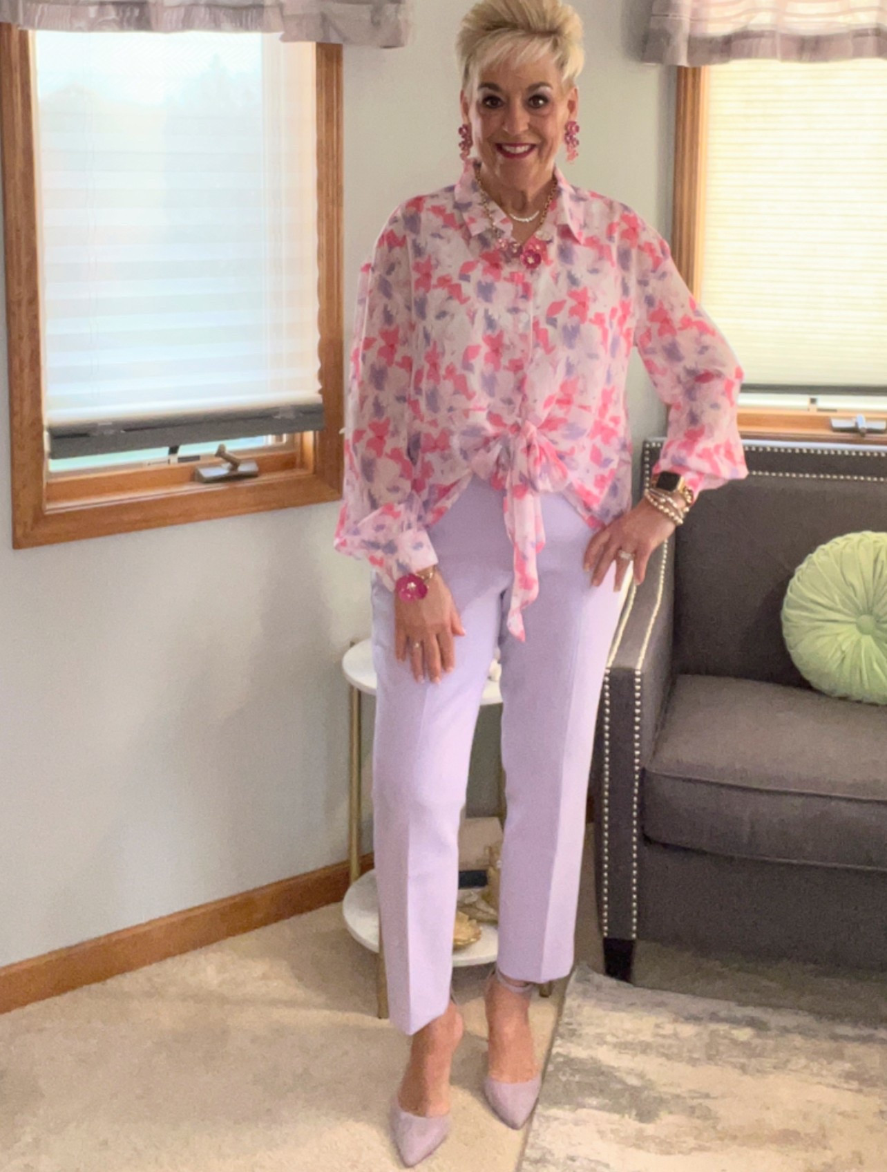 Chiffon Tie Front Button Down Shirt
Lavender and Pink
Lavender Pants
Lavender Heels
Lavender Blazer