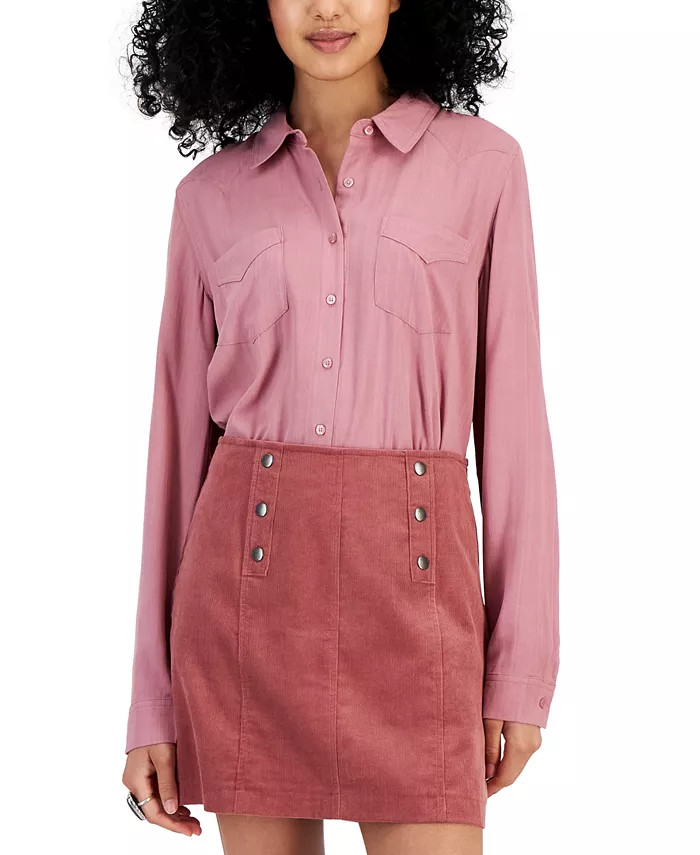 Juniors' Long-Sleeve Button-Up Top | Macy's