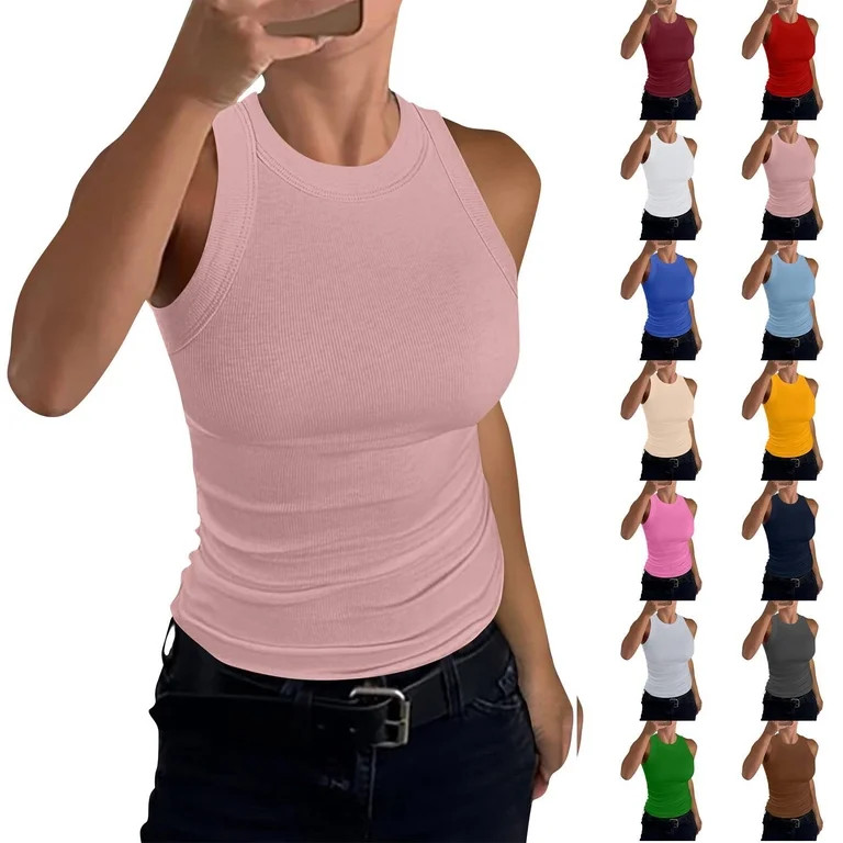 Sleeveless Tank Tops Womens Ribbed Crew Neck Stretchy Workout Yoga Tight Fitting Base Layer Pink ... | Walmart (US)