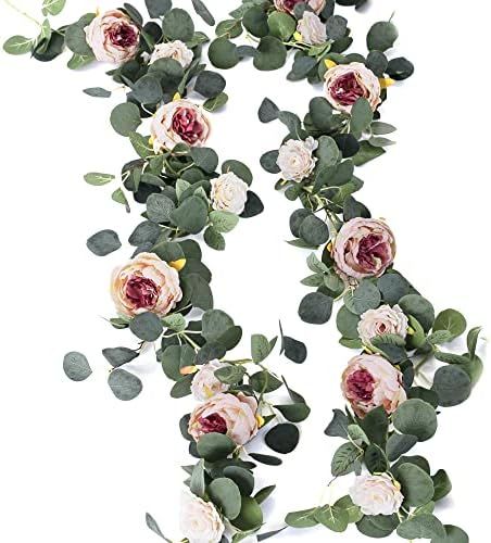 MISSPIN 2pcs Artificial Flowers Garland Eucalyptus Garland Vintage Fake Flower Peony Rose Vine Green | Amazon (US)