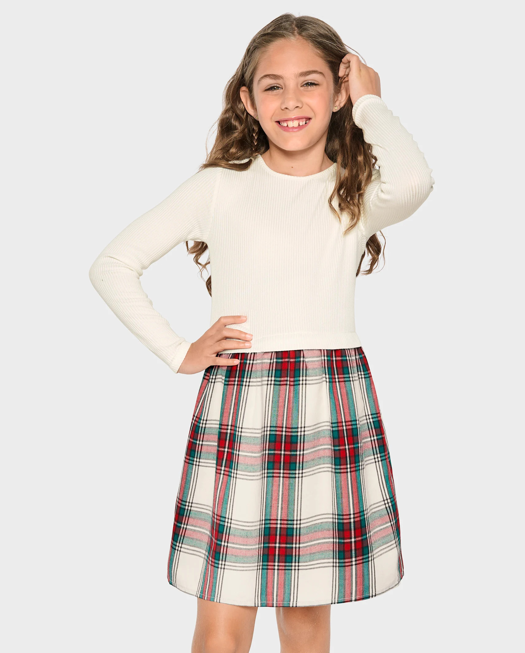 Girls Plaid Ribbed Fit And Flare Dress - white daisy | The Children's Place