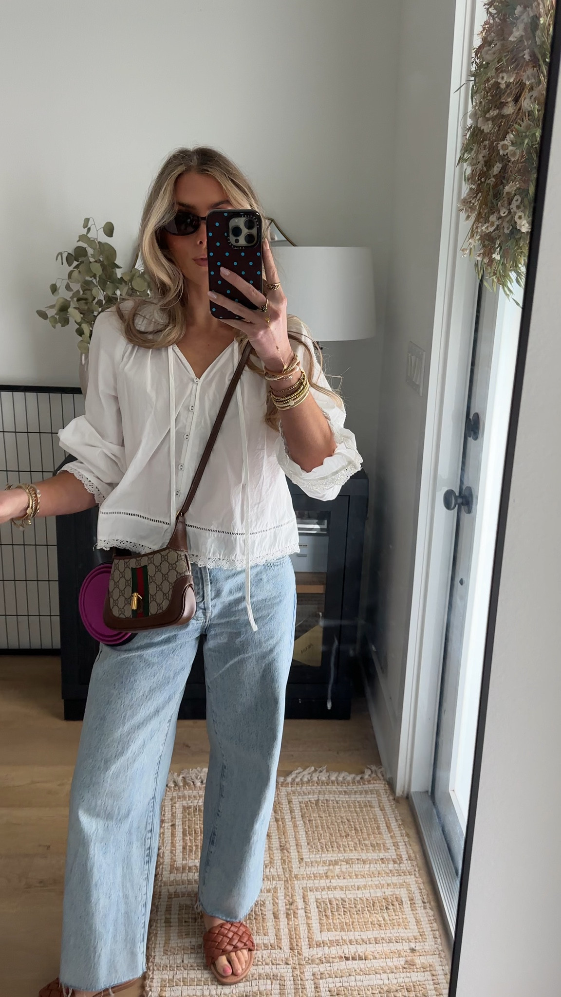 My top is an old white blouse from @walmart of course size XS. My jeans are from @Pistola Denim size 24 the Tate denim jeans so comfy. My shoes are new! They are from fitory but also sold on Amazon! And my sunglasses are from @SOJOS VISION  my purse is Gucci but I rented it from @Vivrelle my code is SLOANEVOSEN 

#LTKgrwm #LTKootd #LTKSeasonal