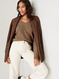 V-Neck Heathered Shaker-Stitch Cocoon Sweater for Women | Old Navy (US)
