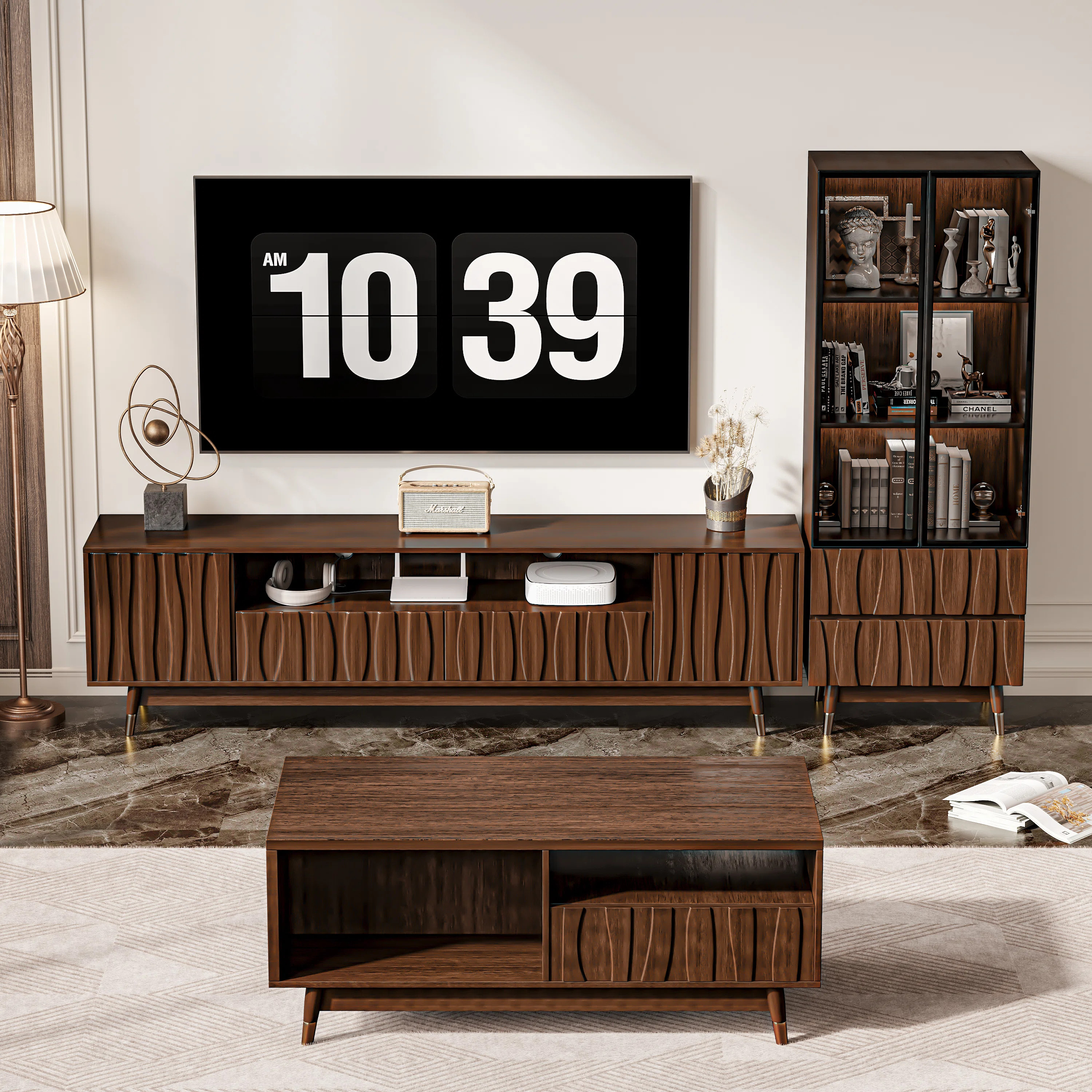 Keit Tv Stand And Glass Display Cabinet Coffee Table Set With Drawers And Storage, Mid-century Mo... | Wayfair North America