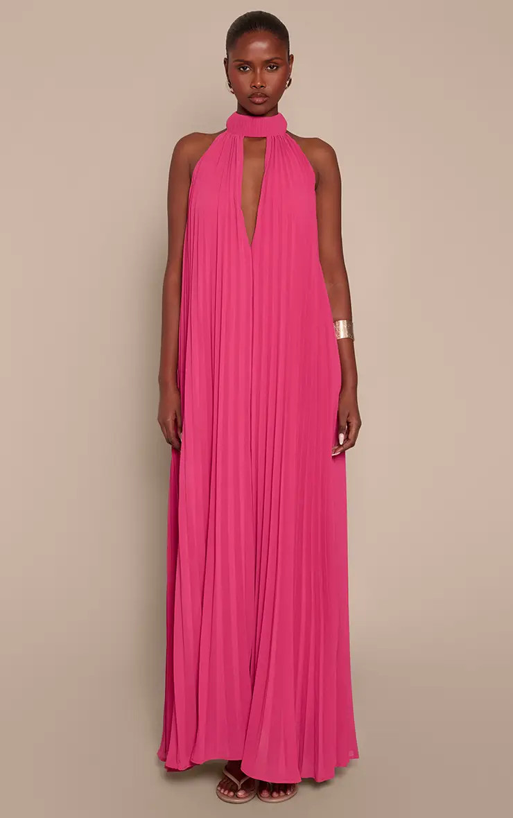 Bright Pink Plisse High Neck Maxi Dress | PrettyLittleThing UK