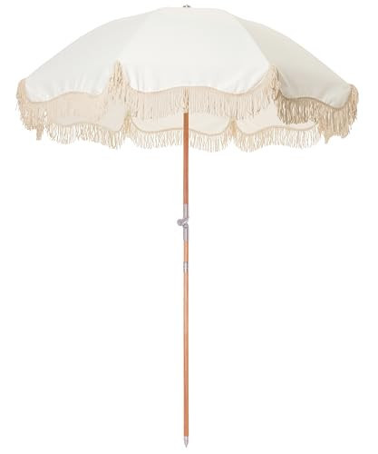 Business & Pleasure Co. Premium Beach Umbrella - Luxury Boho Beach Umbrella with White Fringe, UPF 50+ UV, Wood Pole, 6' x 7', Antique White | Amazon (US)