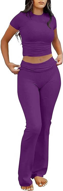ANRABESS Lounge Sets for Women 2 Piece Foldover Yoga Flare Leggings Pants Crop Tops Casual Y2K Ou... | Amazon (US)