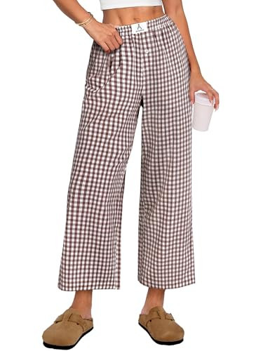 ANRABESS Women Striped Gingham Palazzo Cropped Pants Wide Leg Pajama Lounge Pants Plaid PJ Bottoms Cute Trousers with Pockets Brown White Plaid M | Amazon (US)