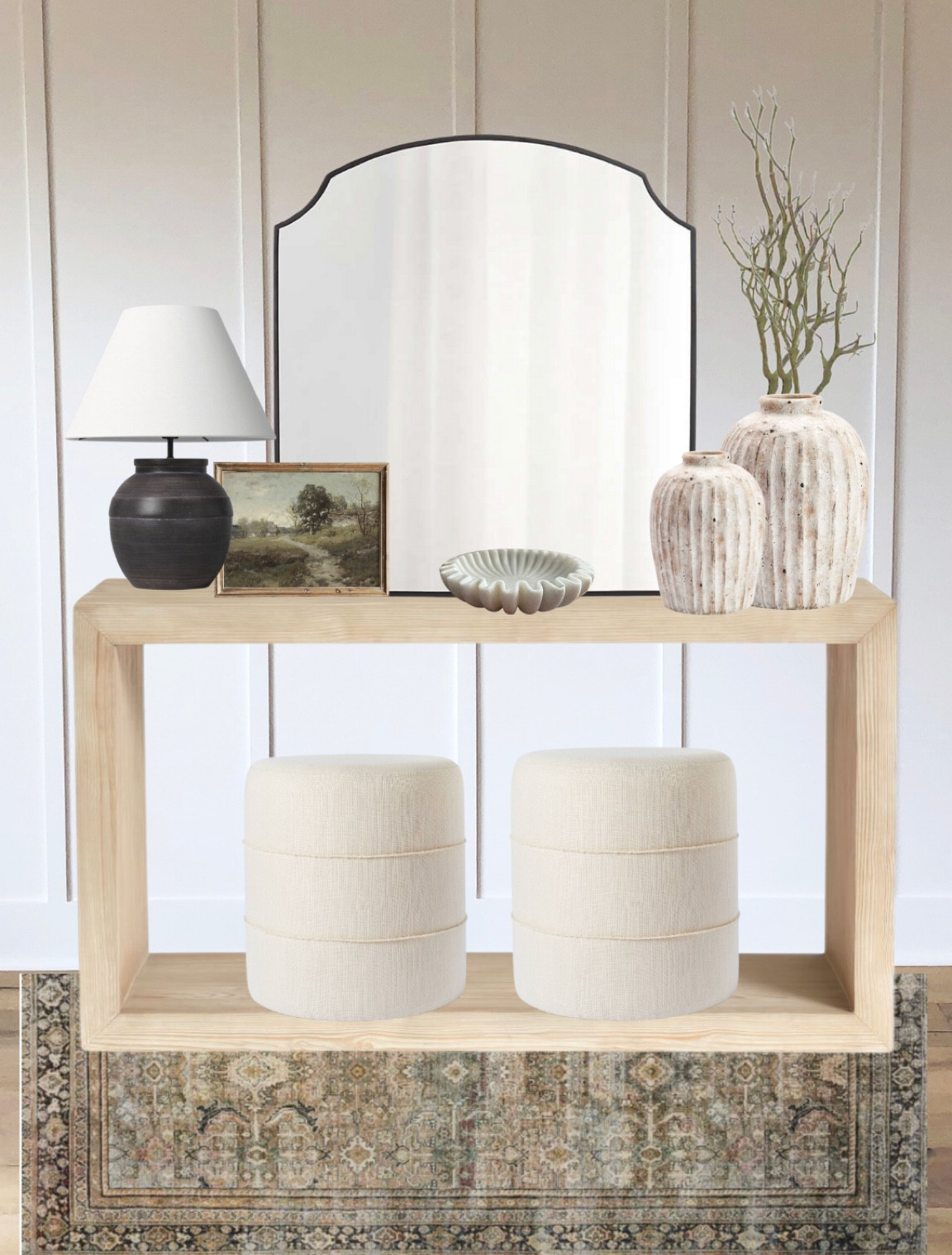  Console table decor. Entryway. Pottery barn, target, threshold, studio Mcgee, etsy, vintage gold ornate oil painting, rug, wayfair oriental rug, black lamp, black arched mirror. Terracotta pottery, vase, poufs, bench, bowls. 

#LTKstyletip #LTKhome #LTKunder100
