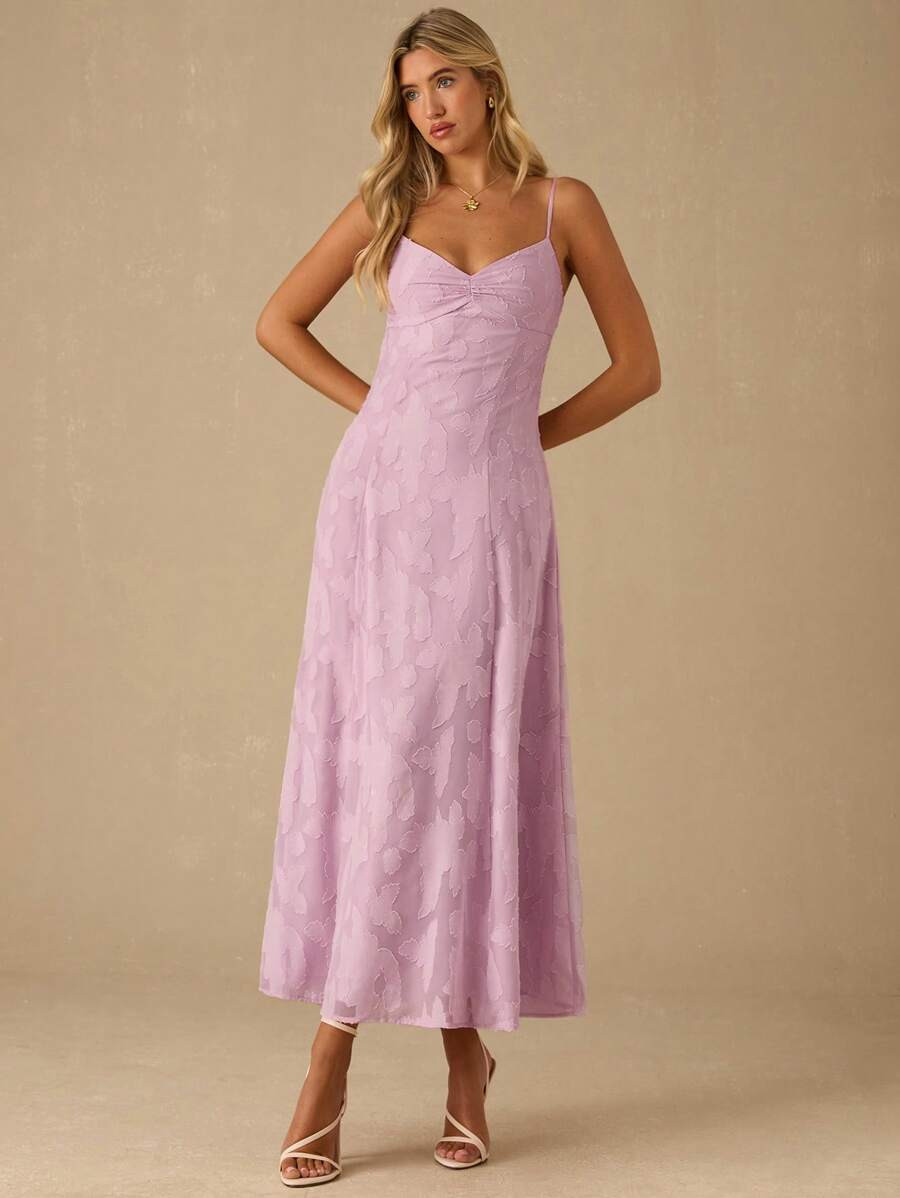 Enchnt Spring/Summer Romantic Women's Pastel Purple Jacquard Pleated Backless Strap Maxi Dress,Sw... | SHEIN