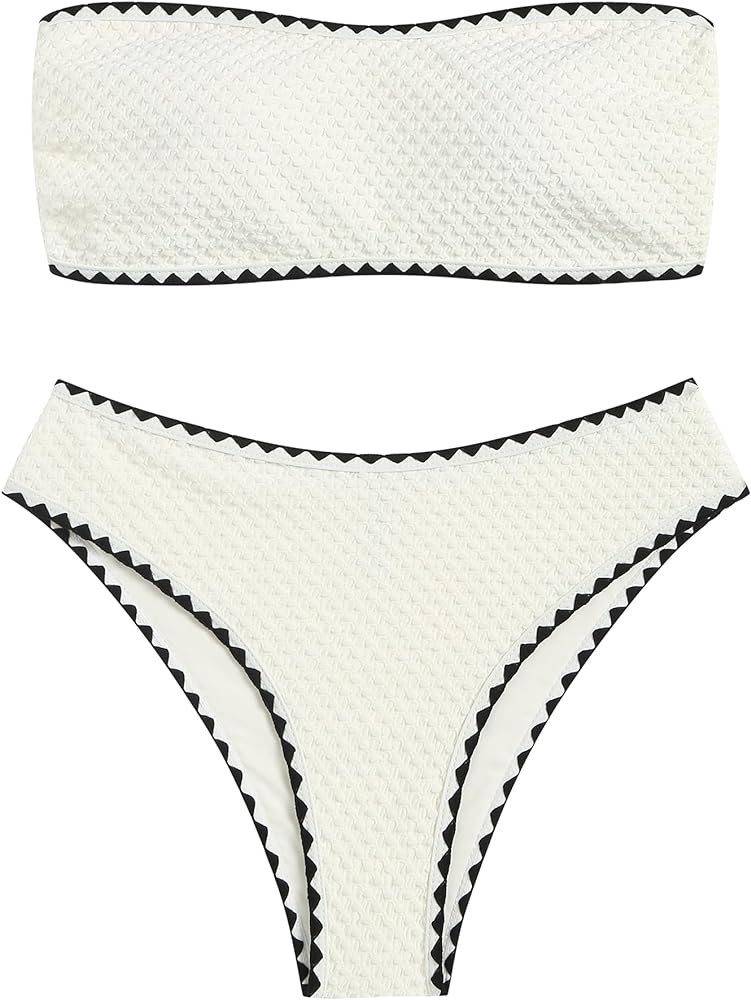 ZAFUL Women's High Cut Bandeau Bikini Set Strapless Solid Color 2 Pieces Bathing Suit Swimsuit | Amazon (US)