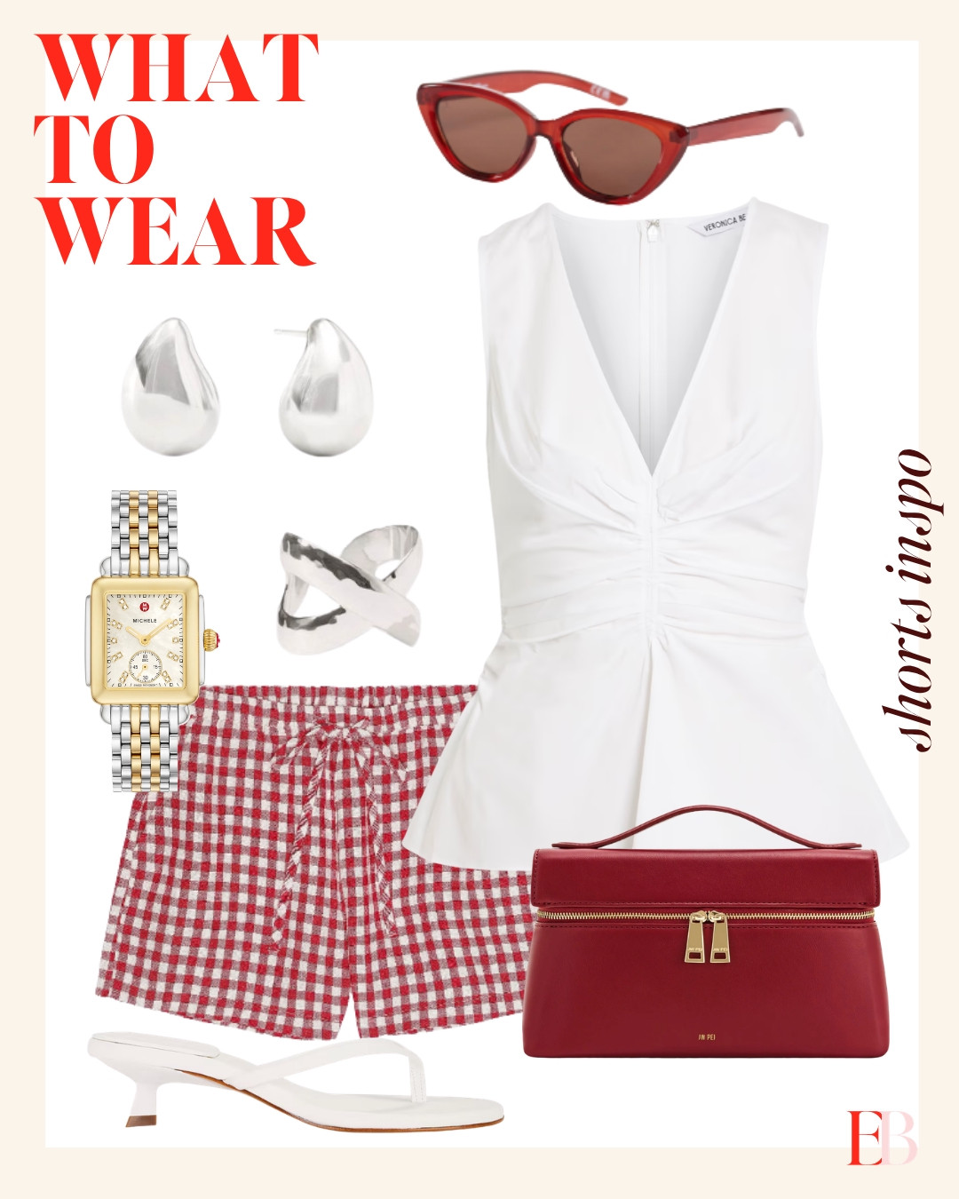 red and white never misses 🤍❤️ this Veronica Beard ruched top paired with gingham shorts and the JW Pei Thea Top Handle Bag is so chic and put together for summer. 

 #LTKootd #LTKSeasonal