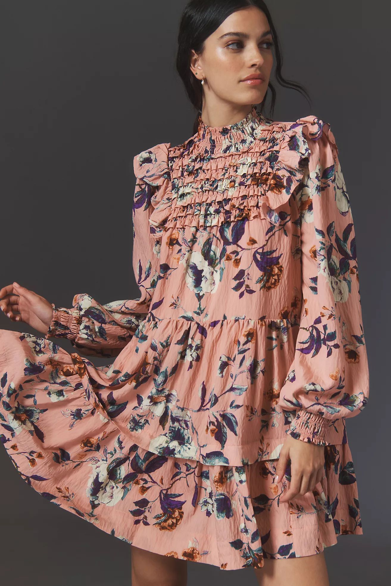 By Anthropologie Long-Sleeve Printed Smocked Mini Dress | Anthropologie (US)