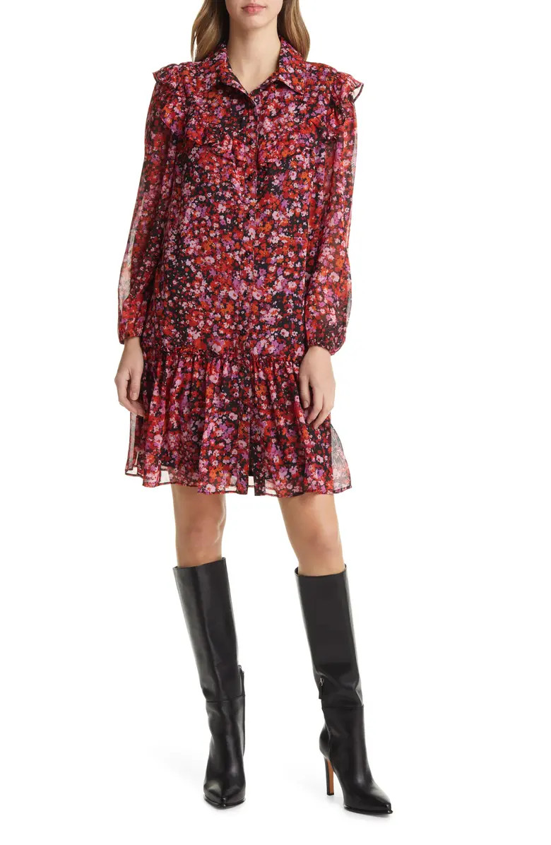Floral Print Ruffle Long Sleeve Shirtdress | Nordstrom