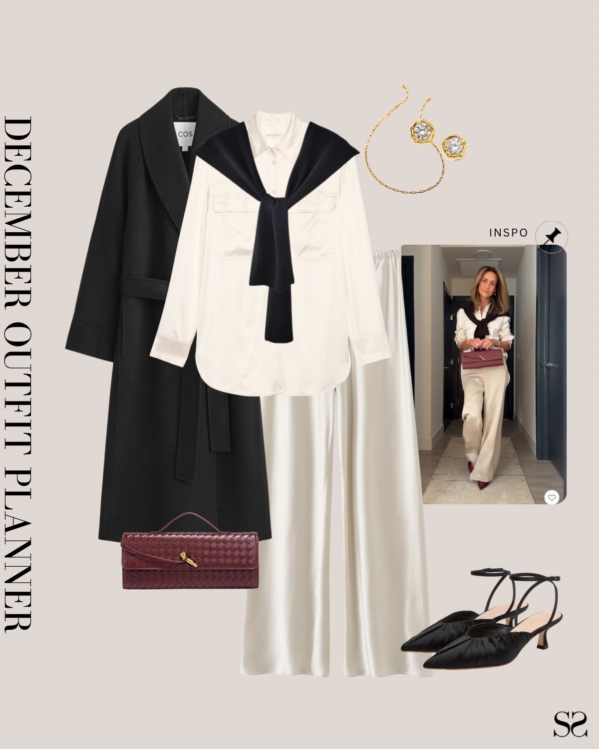 Monthly outfit planner DECEMBER: Winter outfits | satin pants, monochrome outfit, black sweater, black heels, burgundy clutch 

#classicstyle #LTKstyletip #winteroutfit #holidayoutfit

Image inspo credit: @karinastylediaries 

#LTKootd #LTKHoliday #LTKSeasonal
