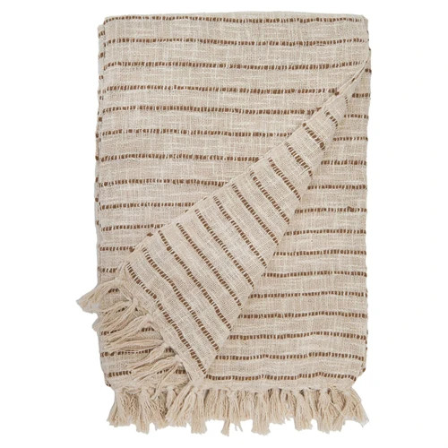 Jojo Coastal Beach Walnut Brown Cotton Striped Oversized Throw Blanket | Kathy Kuo Home