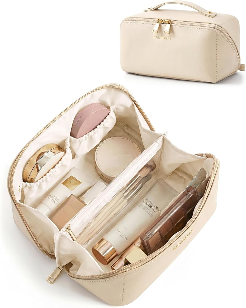 BAGSMART Makeup Bag Travel Cosmetic Bag, Large Make Up Bag Flat Open Toiletry Bag for Women, PU L... | Amazon (US)