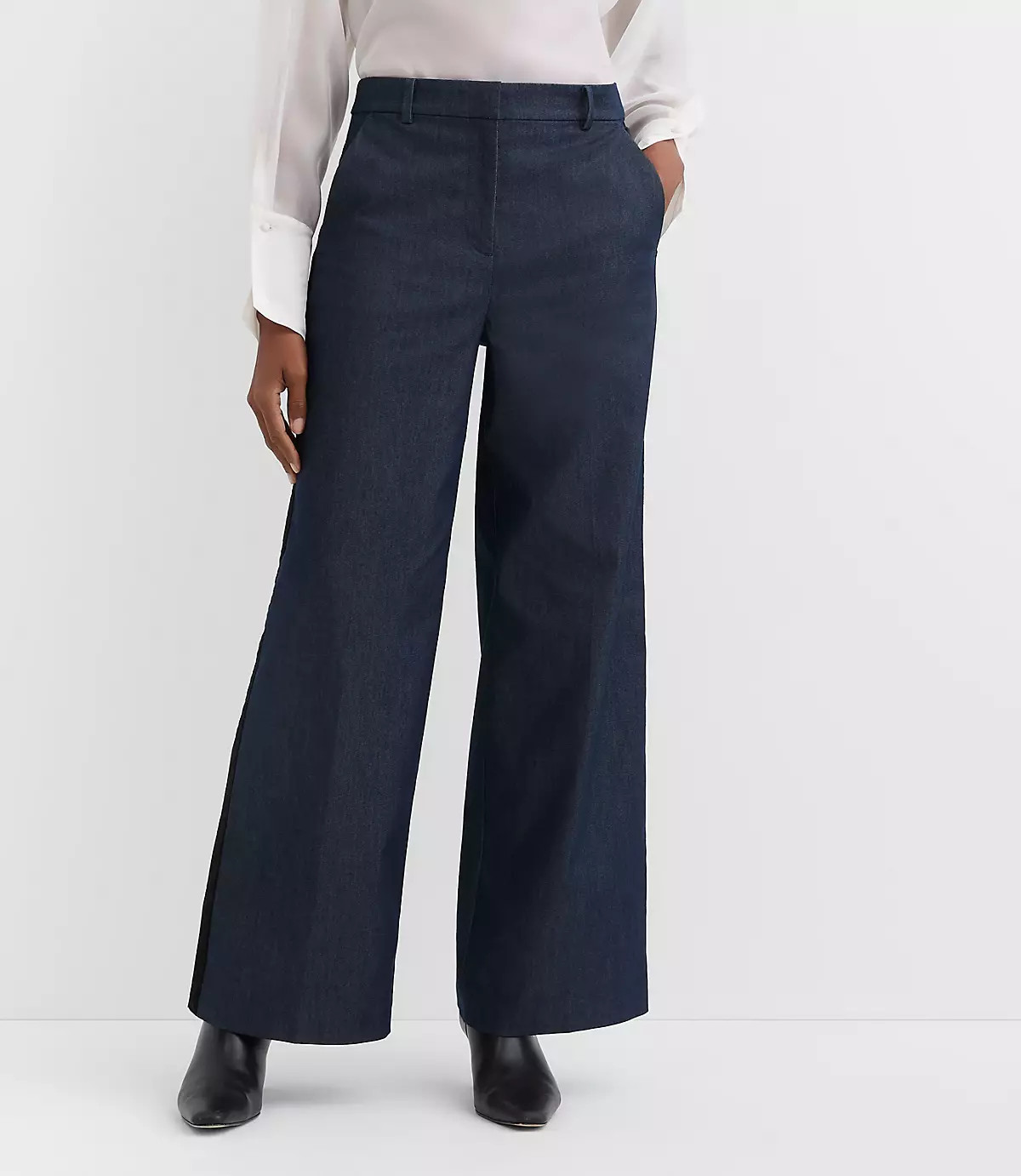 Velvet Tuxedo Stripe Clean Wide Leg Pants in Refined Denim | LOFT