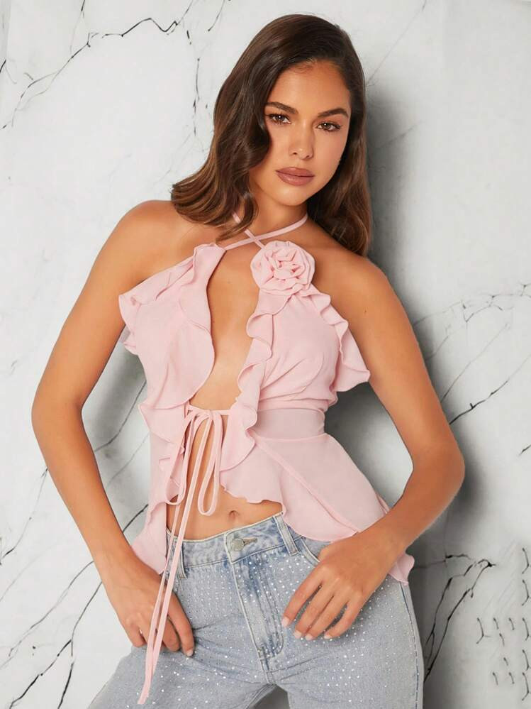 L'Amorae 3D Rosette Ruffle Tie Halter Top | SHEIN