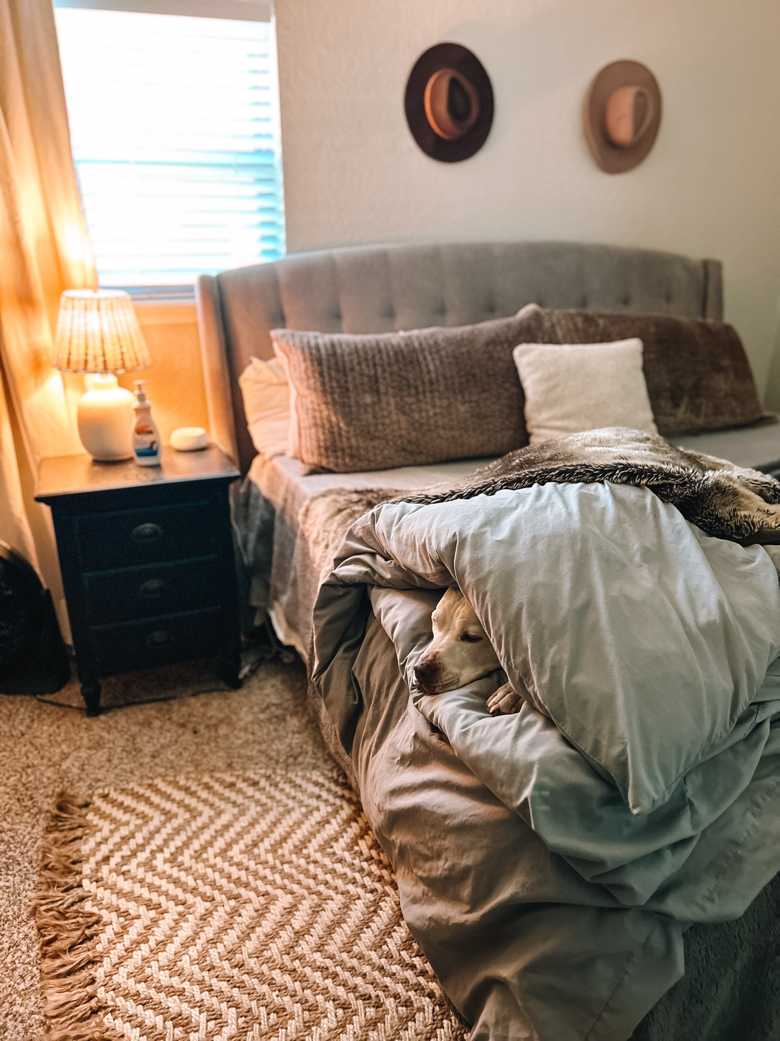 Refreshed my bedroom with a new rug, lamp and nightstand, love my neutrals!

Amazon rug, target lamp, way fair nightstand, black nightstand, 