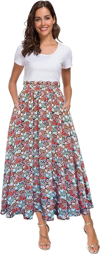 Afibi Women High Waist Floral Print Swing Chiffon Beach Midi Long Skirt with Pockets | Amazon (US)