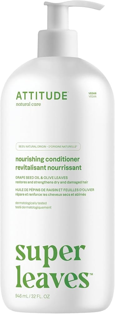 ATTITUDE Nourishing Hair Conditioner, For Dry and Damaged Hair, Naturally Derived Ingredients, Vegan Detangler, Dermatologically Tested, Grapeseed Oil and Olive Leaves, 32 Fl Oz | Amazon (US)