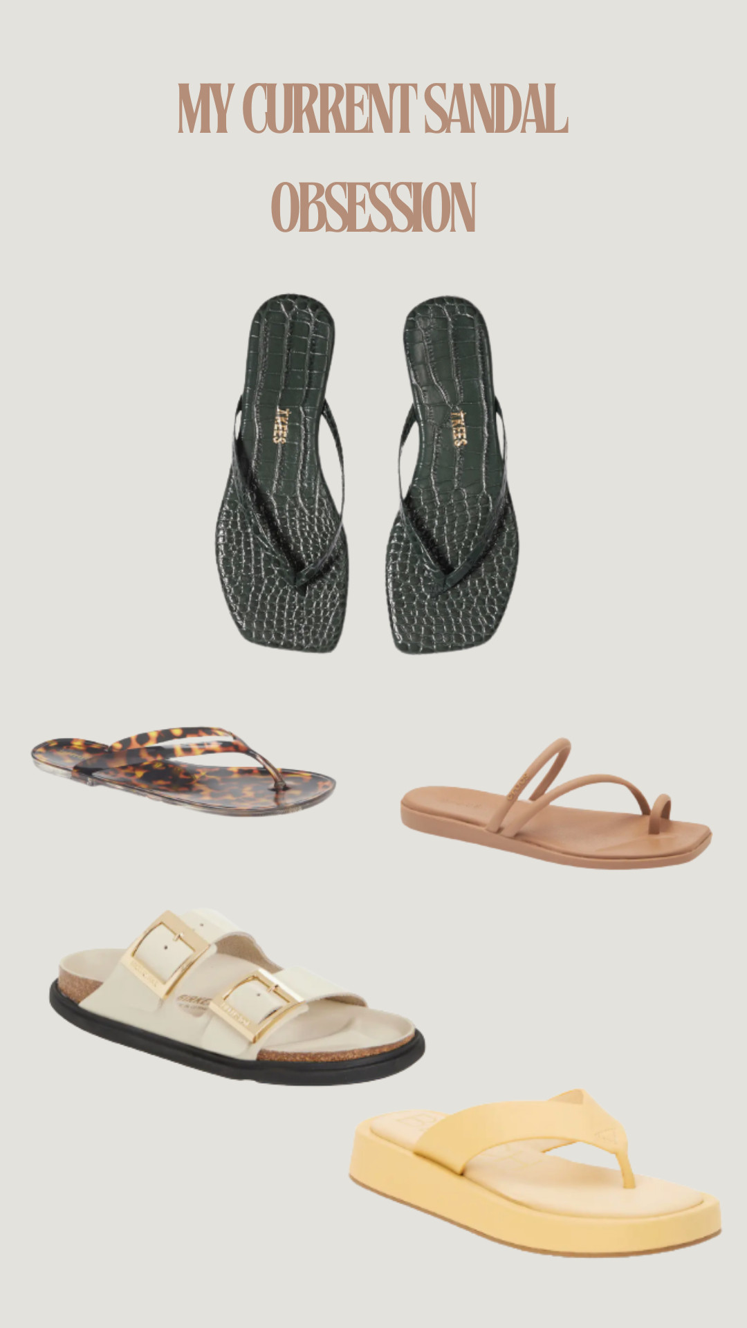 My current sandal obsession 🤎☀️

The easiest way to make every summer outfit feel complete. From everyday flip flops to chic neutral slides, these are the pairs I've been reaching for on repeat lately.

Sharing all my favorites in one place so you don't have to hunt for them 👏

#LTKStyle #SummerSandals #LTKFinds #SummerFashion #NeutralStyle
 

 #LTKootd #LTKmomlife #LTKSeasonal