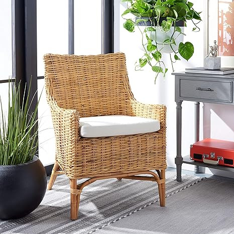 Safavieh Home Collection Cristen Rattan Cushion Accent Chair, Natural/White | Amazon (US)