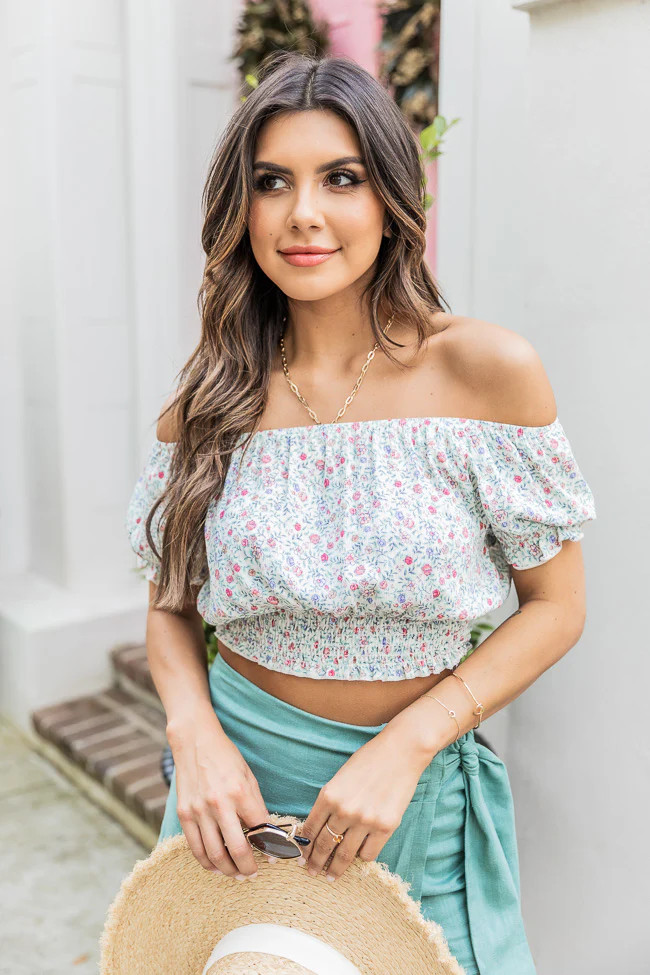 One More Time Ivory Floral Off The Shoulder Crop Top | Pink Lily