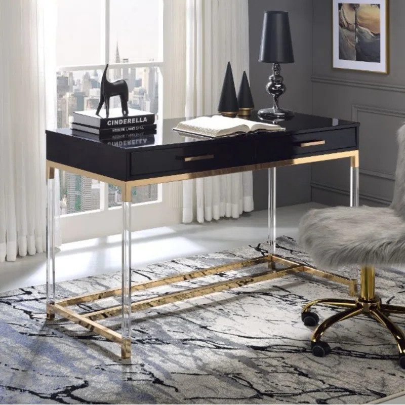 Adiel Built-In USB Port Writing Desk, Black & Gold Finish 93104 | Wayfair North America