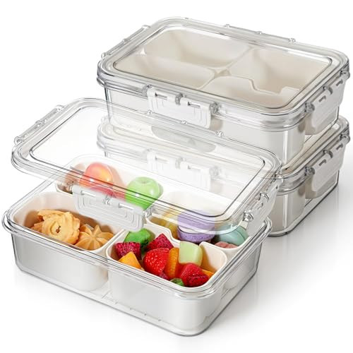 KongTiva 3 Pcs Small Snackle Box Container, 4 Compartment Snack Containers Plastic Divided Serving Tray with Lid Clear Storage Organizer for Fruits Candy Snacks Nuts Travel Party | Amazon (US)