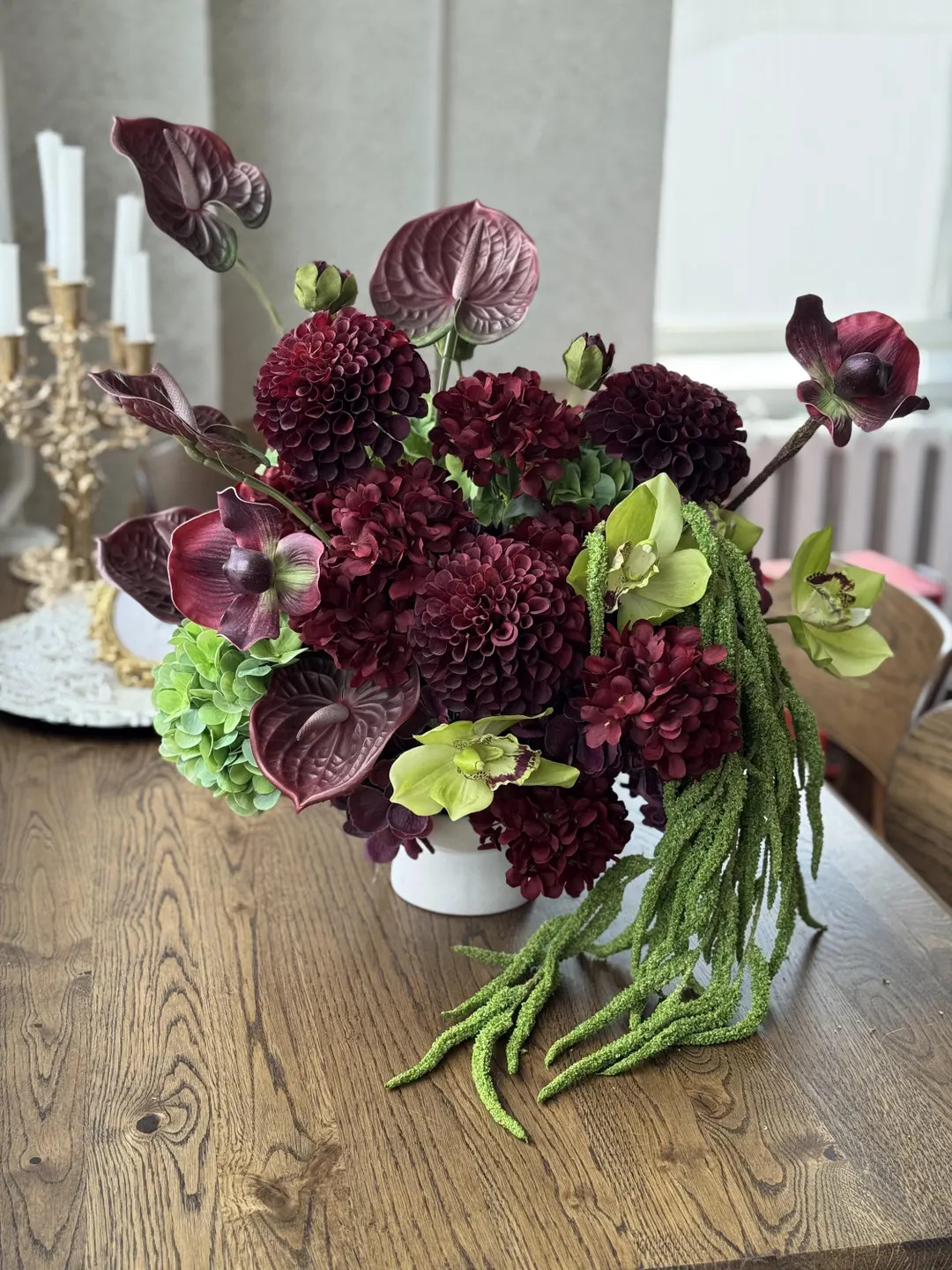 Burgundy Green Floral Arrangement, Artificial Flower Centerpiece, Amaranthus Orchid Anthurium Dec... | Etsy (Global)