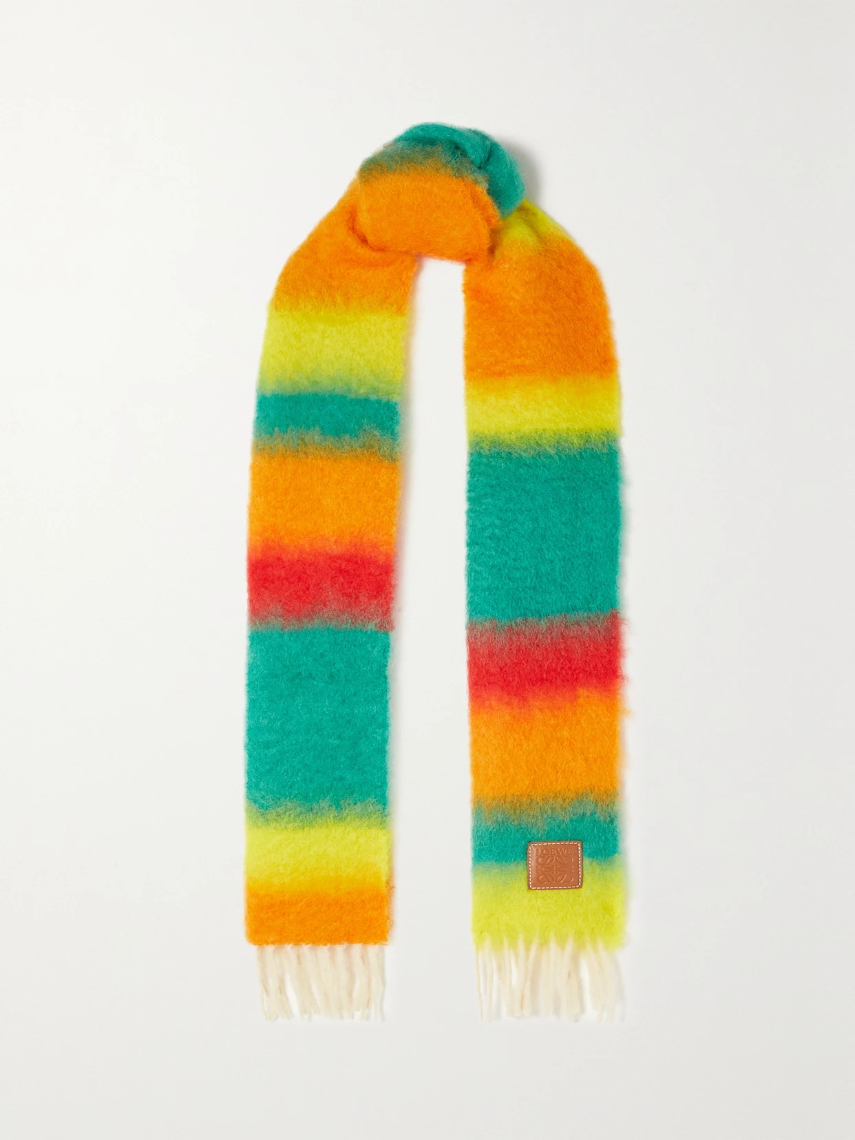 Loewe - Leather-trimmed Fringed Striped Mohair-blend Scarf - Green | NET-A-PORTER (UK & EU)